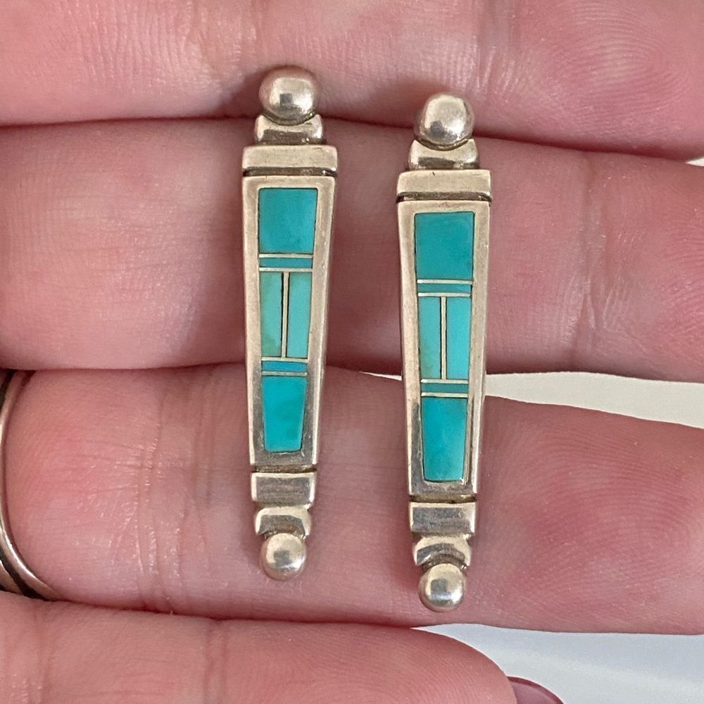 Vintage Navajo Ervin Hoskie Turquoise Channel Inlay Earrings